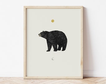 Crepuscular Bear, Bear Print, Animal Print, Animal Illustration,Childrens Decor, Bear Illustration,Bear Drawing,Black Bear, Moon Print,Stars