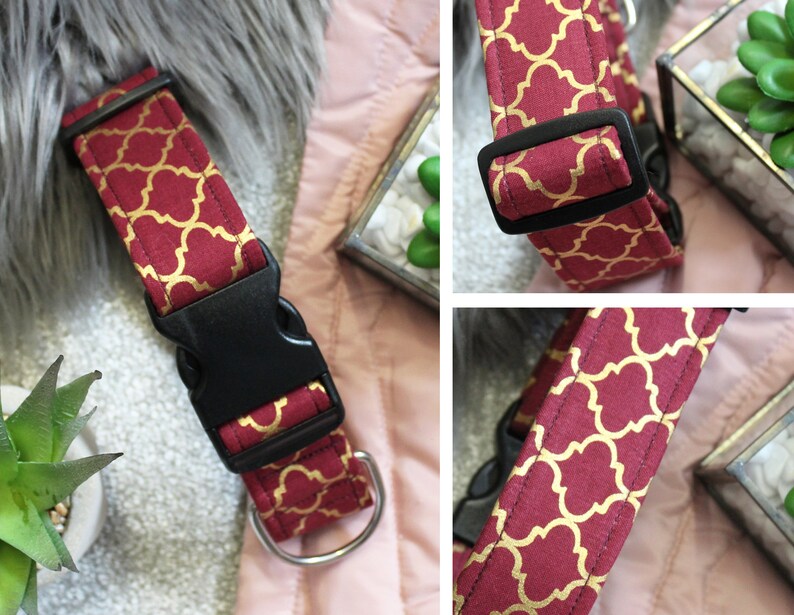 Fleece Lined Wide Moroccan Collar Greyhound Collar Luxurious Burgundy Collar Metallic Gold Collar Heavy Duty Collar Maroon Pet Collar