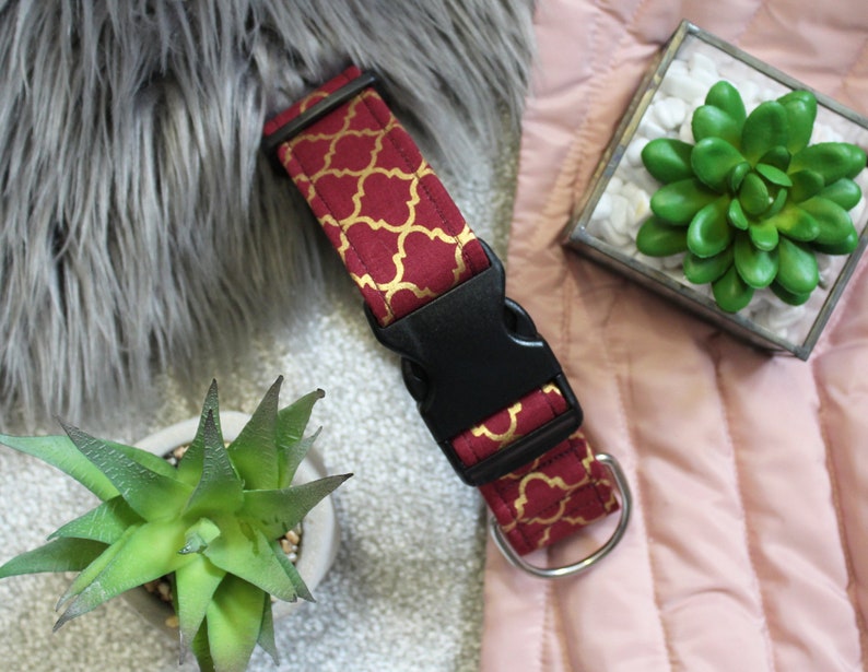 Fleece Lined Wide Moroccan Collar Greyhound Collar Luxurious Burgundy Collar Metallic Gold Collar Heavy Duty Collar Maroon Pet Collar
