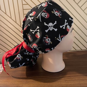 Pirate skulls OR scrub cap. With choice of Men&#39;s, European, or ponytail. Button add on available
