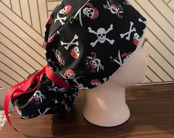 Pirate skulls OR scrub cap. With choice of Men&#39;s, European, or ponytail. Button add on available
