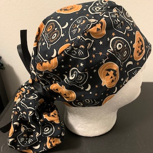 Women&#39;s Halloween Pumpkin, Cat, and Owl ponytail OR scrub cap