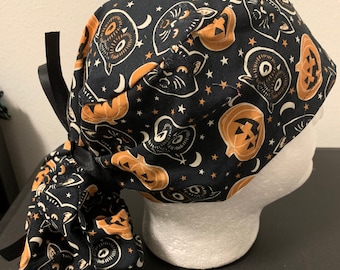 Women's Halloween Pumpkin, Cat, and Owl ponytail OR scrub cap