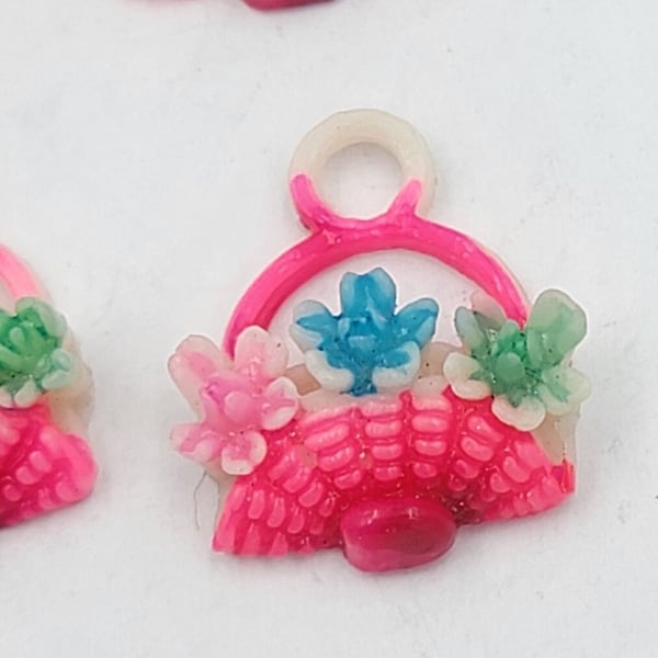 Flower Basket, hand painted Japanese, Charms, Vintage Celluloid, Flower basket Charms, 4 pieces