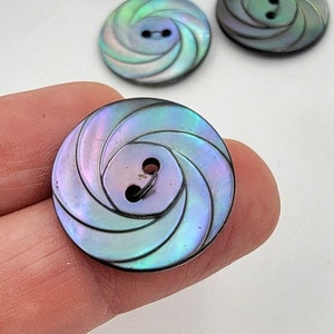 Vintage Abalone buttons, two holes, mid 1900's, shell buttons, lot of 4, Blue, purple, and green shell tones, Swirl pattern, 20mm, 18mm