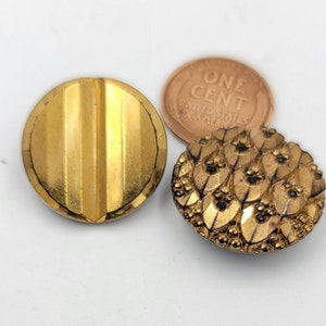 2 Vintage Buttons, Round Faceted buttons, Black with antique Gold Plated, Glass Buttons, Black Glass back, 1940 Modern button, 23mm