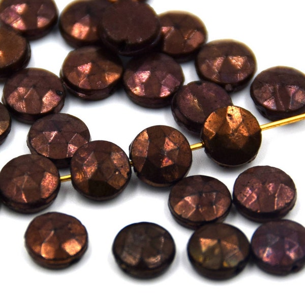 8mm Copper Glass Sew On,Vintage Czech Glass, Early 1900's Glass Beads, Faceted Round Shape with Flat back, Nailhead Bead, 24 pieces