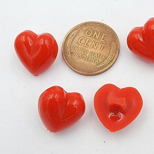 4 Vintage Heart Buttons, Red Acrylic, 1960 plastic,  Red puff heart, 4 buttons, 14 mm, with shank