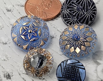 Vintage Buttons, Modern Glass Buttons, Blue Glass with Gold accents, Gold and Blue Glass, 13-18mm 1940-1950 modern period