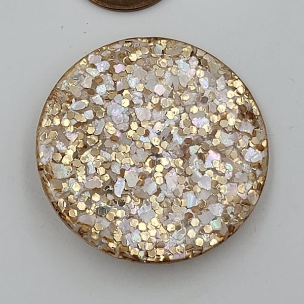 Vintage Button, 1 Medium Lucite 1940's-1960's button, Glitter button, with gold, white and pink pearl colors, metal shank, 22mm