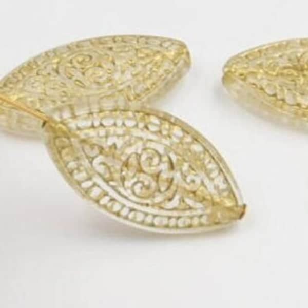 30X15mm Long Oval Drop Bead, Vintage Acrylic, 30X15mm Bead, Clear with Antique Gold Wash, German Made Bead, Large Tear Drop Bead, 2pieces