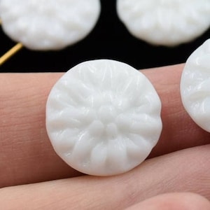 Vintage Glass Flower Sew on, Milk White Glass, Vintage Slider Beads, White Opaque, 15mm, round flat back bead, 2 hole Nailhead, 12 pieces