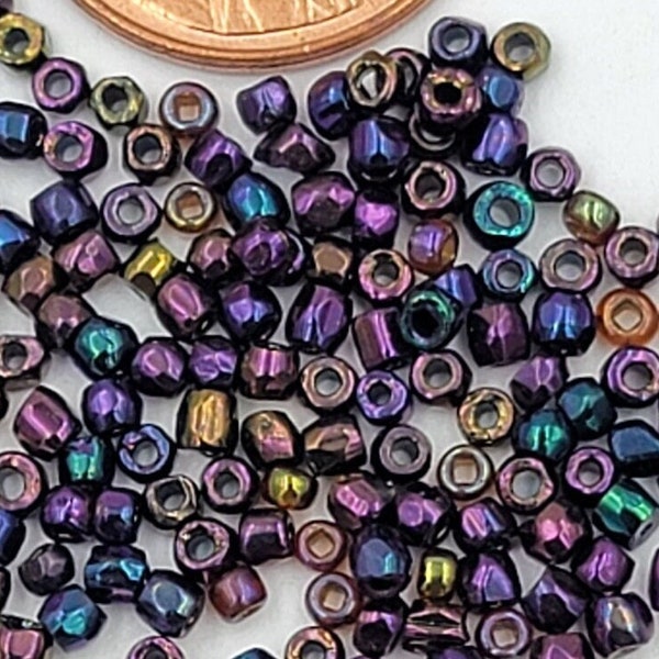 11/0, Vintage Beads, Small Cut Barrel Beads, Antique Purple Iris Glass Bead, Seed Beads, 1.6 mm, Peacock colors, purple iris, 10 Grams