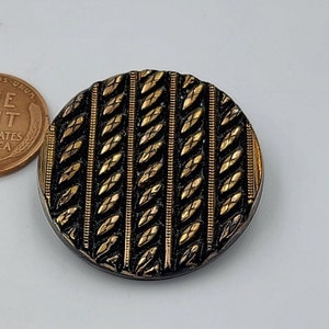 Vintage Buttons, Round Faceted buttons, Black with antique Gold Plated, Glass Buttons, Black Glass back, 1940 Modern button, 32mm