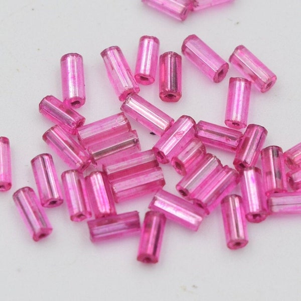 Size 2, Pink Bugle Beads, pink Glass with silver lined, Vintage Czech Glass Beads, Bugle Beads, Glass Sew On, Tube Sead Beads,10 Grams, 5mm