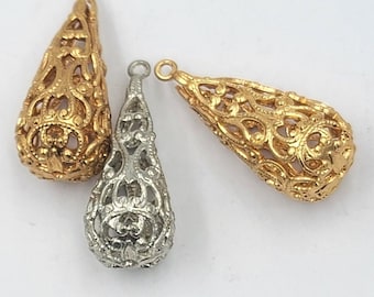 Filigree Dangle Drops, Antique pattern Charm, Filigree Beads, Filigree teardrop, Gold Filigree Charm, Silver Filigree Charm, 6 pieces