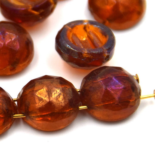 14mm Glass Sew on, Iris Amber, Vintage Czech Glass Bead, Antique Slider, 14mm Faceted Dome Shape with Concave back, Nailhead Bead, 6 pieces