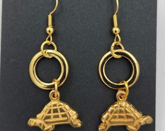 Turtle Dangle earrings, Animal Charms, Animal Dangle Earrings, Gold Turtle, gold plated Acrylic, Tortoise earrings, 1 pair.