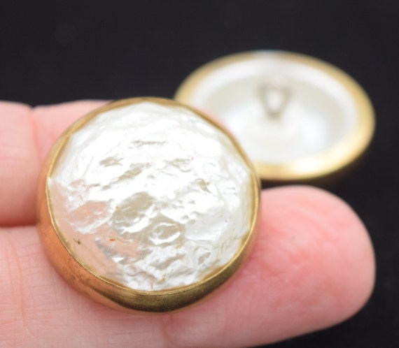 Vintage Button, White Baroque Pearl Button, Brass Bezel, Mid 