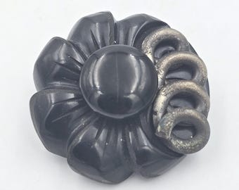 Lot De 5 Gros Boutons Vintage Noirs Avec Inclusion Argentée - Diamètre 26 Mm, Pied 2,6 Cm, Réf. 3088