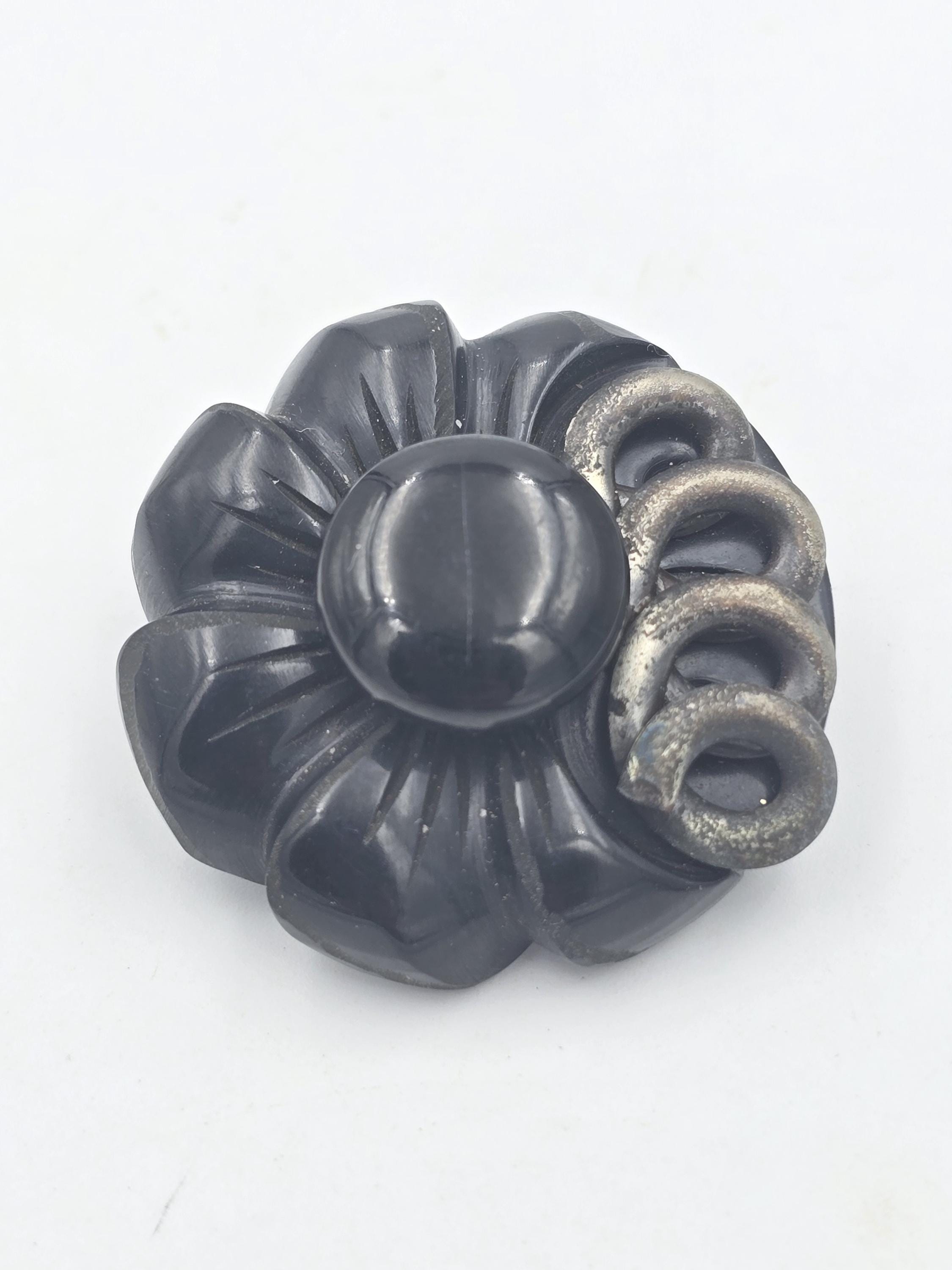Lot De 6 Boutons Vintage Fleur - Noirs Et Roses, Plastique Des Années 1950, Jamais Utilisés