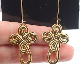 Vintage Dangle Earrings, Celtic Knot Charm, Gold, Medium Gold Kidney Wires, Dangle Earrings, Vintage earrings, Wire Hoops, 2 1/4 inch long
