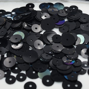 May include: A pile of black round sequins with a iridescent sheen. The sequins are scattered on a white surface.
