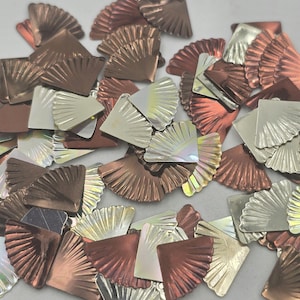 Vintage Fan Sequins, 12 mm, Fan Shaped Sequins, Shell, Confetti, Silvery and Rainbow Iridescent, Bronze Sequins, No Hole, 3-gram bags