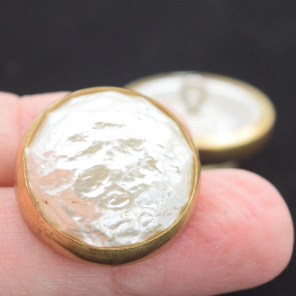 Vintage Button, White Baroque Pearl button, Brass Bezel, Mid 1900's, Faux Pearl in gold bezel, large button, Pearl button