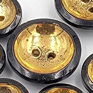 7 Vintage Buttons, Czech Black Glass with Gold centers, Glass Buttons, Black Glass with Gold concave center, 1940 button, 12mm