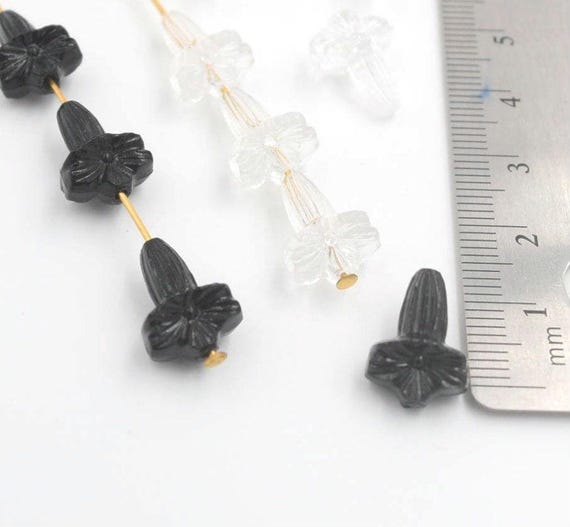 Vintage Flower Bead, Clear Flower Bead, Black Flower Bead, Flower Drop Bead, 14X10mm Bead, Acrylic, Vintage German, 12 pieces