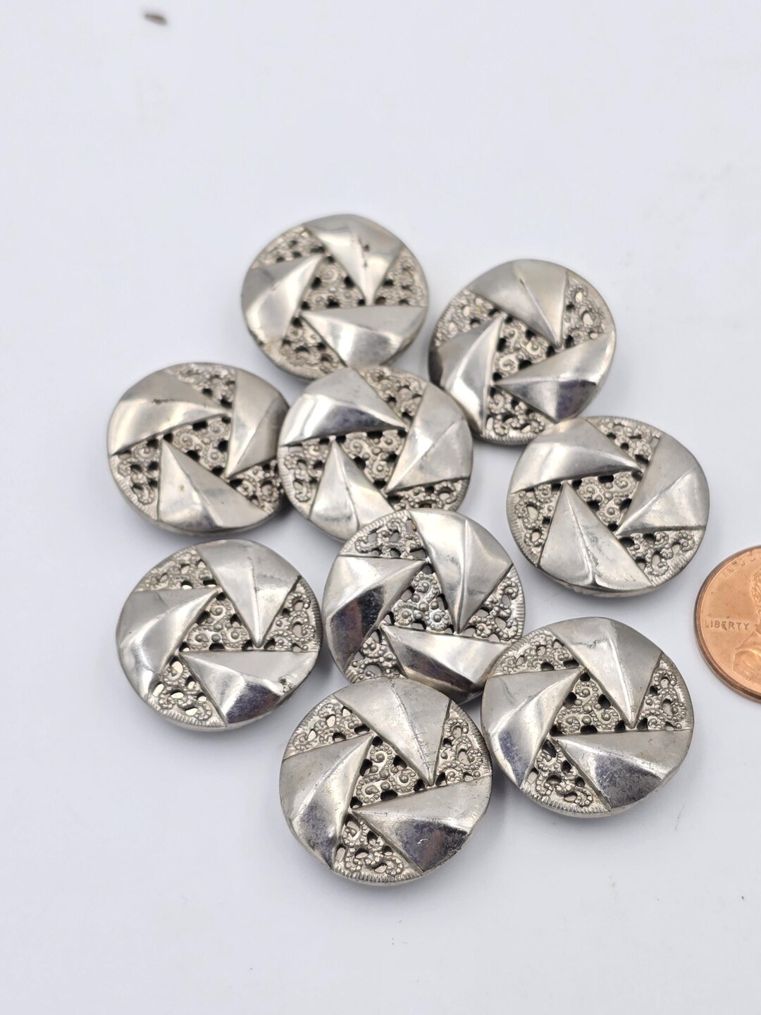 3 Vintage Buttons, Aluminum Buttons, Circle Shank, Silver Deco Buttons ...