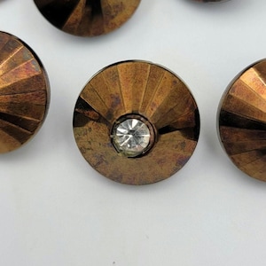Vintage Deco Button, Black Glass, Bronze Copper sheen and Rhinestones centers, Glass Buttons, Faceted, 1930-1940 button, 18mm,