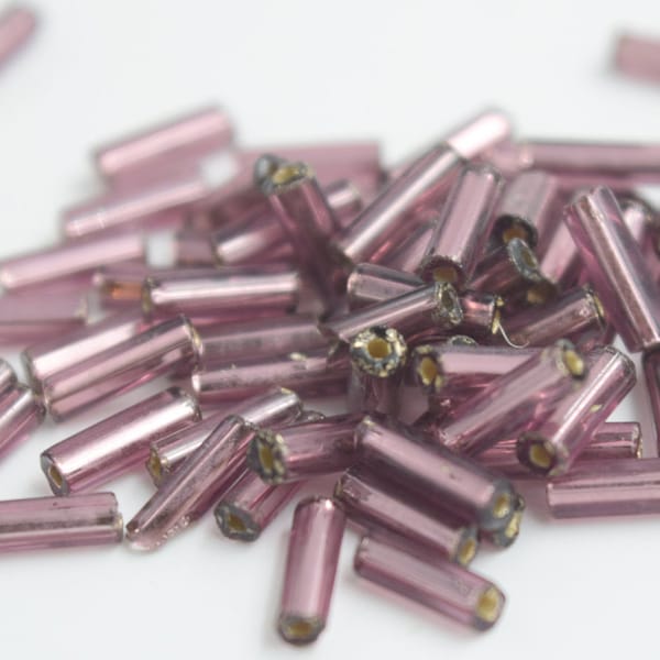 Size 3, Lavender, Silver lined, Purple, Vintage Czech Glass Beads, Bugle Beads, Glass Sew On,Tube Sead Beads, 10 Grams, 6mm