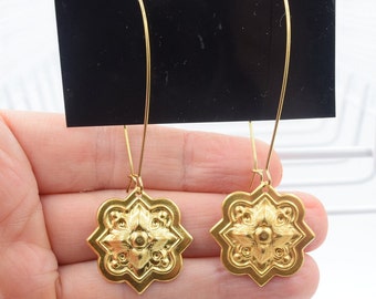 Vintage Dangle Earrings, Art Deco Charm, Gold, Large Gold Kidney Wires, Dangle Earrings,  2 3/4 inch long, 1 1/2 inch short