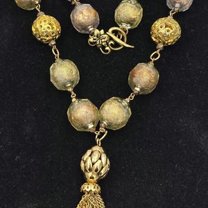 Vintage Bead Necklace, Handmade Jewelry, 1950&#39;s beads, Repurposed Vintage bead necklace, Gold and Copper, 20 inches with clasp, Gold Tassel