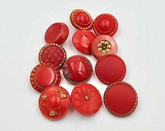 Vintage Button, Red Glass Buttons, Modern Glass Period, 1940-1960, Mid Century, Red glass with gold accents, 18mm, 12 pc