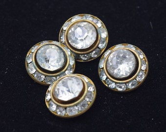 4 Vintage Strassknöpfe, Pave Strasssteine, Glasknöpfe, Bezel mit Gold-Finish, facettierte Steine in Fassung, 15 mm, 9/16"