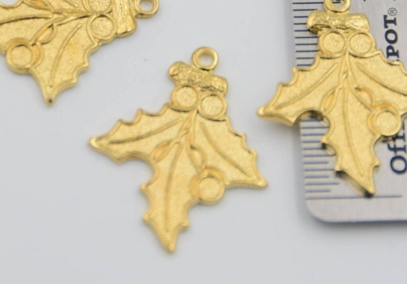 Vintage Gold Holly Leaf Charms: Christmas Jewelry (12 Pieces)