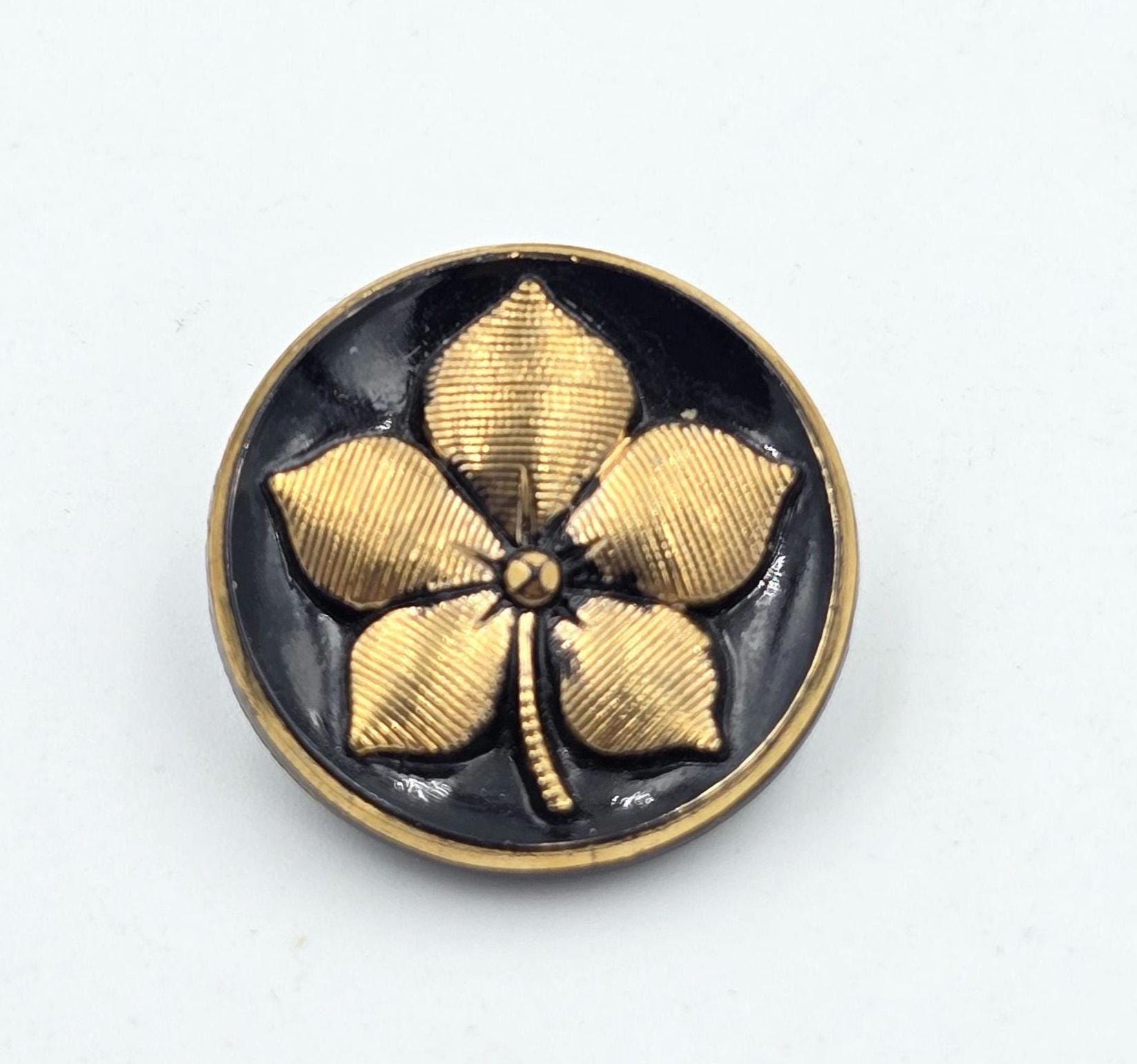Vintage Buttons, Round Faceted Buttons, Black With Antique Gold Plated ...