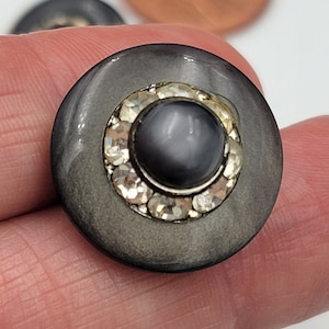 4 Vintage Buttons, Gray Celluloid, Round with Rhinestones, Smokey Gray with crystal, 4 buttons 1940-1950&#39;s button, 18mm, 15mm