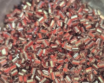 Victorian mini bugles, red and silver stripe bead, Italian Beads, 2mm, Jewelry beads, 20 gram bags, over 2000 beads,  1920's