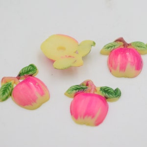 Äpfel, japanische handgemalte Früchte, Cabochons, Vintage Celluloid, Äpfel mit Blättern, 4 Stück