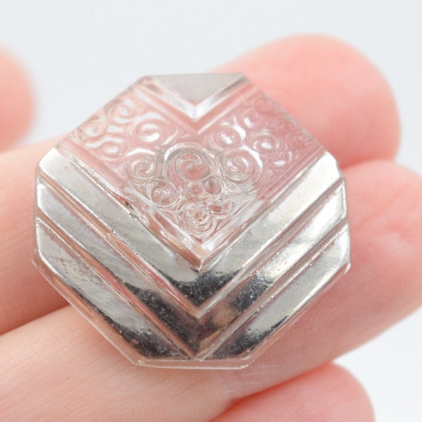 Vintage Button, Art Deco Pattern, clear glass with silver overlay, silver chevron accents, Early 1900s, 25mm