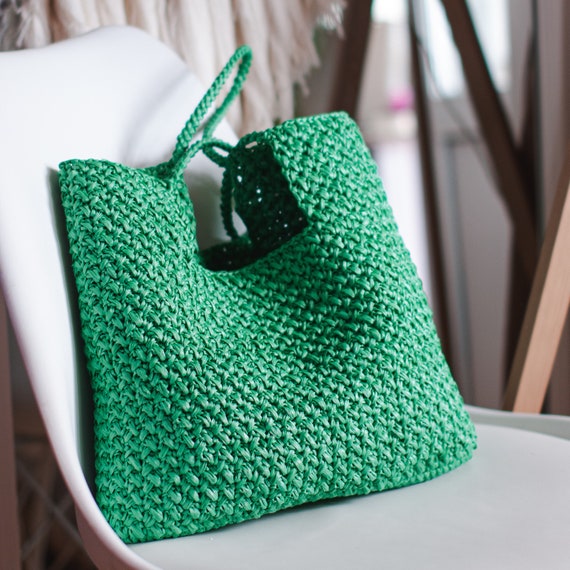 Straw Tote Bag Green Crochet Bag Raffia Bag Ecofriendly Etsy
