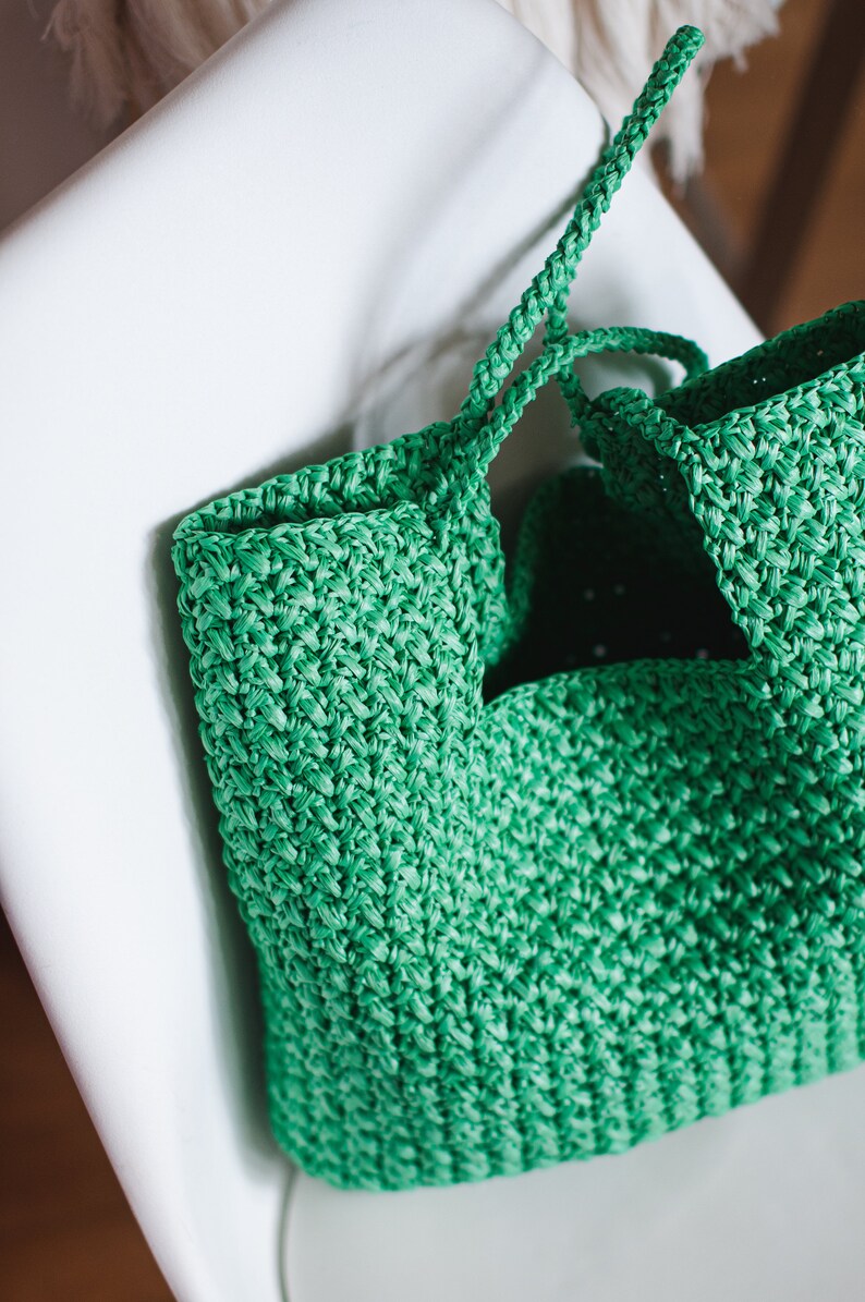 Straw Tote Bag Green Crochet Bag Raffia Bag Ecofriendly Etsy