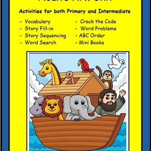Puede incluir: Un colorido póster educativo titulado "Noah's Ark Unit" con una ilustración de dibujos animados del Arca de Noé. La imagen incluye varios animales y el texto "Actividades para primaria e intermedio". El póster enumera actividades como vocabulario y secuenciación de historias.