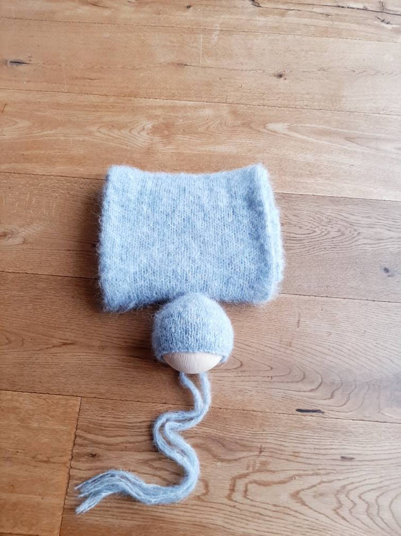 NEWBORN Photo Prop Fuzzy Classic bonnet and wrap set Knitted Newborn Prop