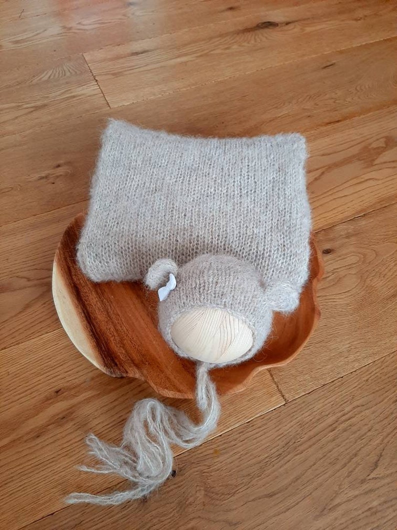 NEWBORN Photo Prop Fuzzy Bear bonnet and wrap set Knitted Newborn Prop