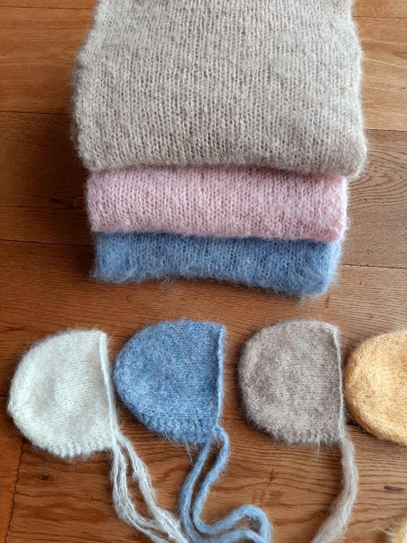 NEWBORN Photo Prop Fuzzy Classic bonnet and wrap set Knitted Newborn Prop